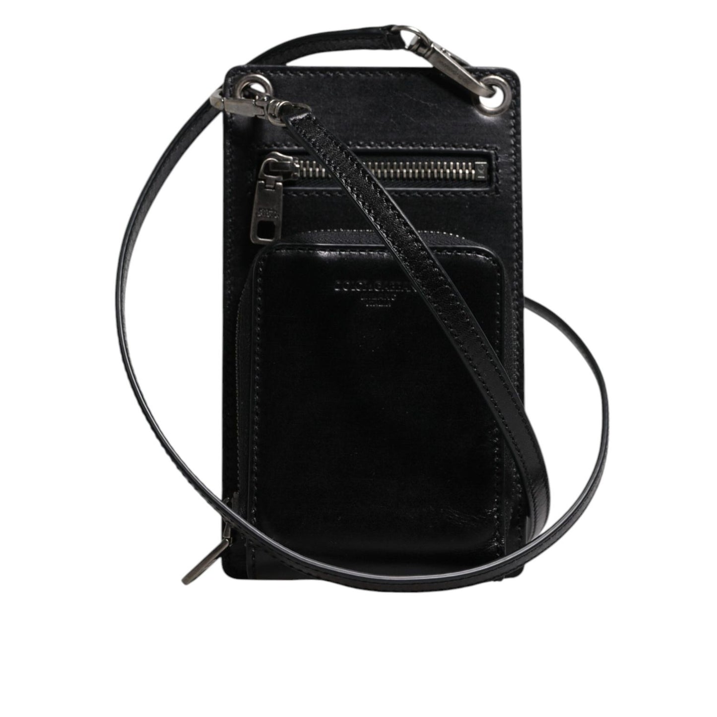 Dolce & Gabbana Black Horse Leather Zip Logo Shoulder Neck Strap Wallet Dolce & Gabbana