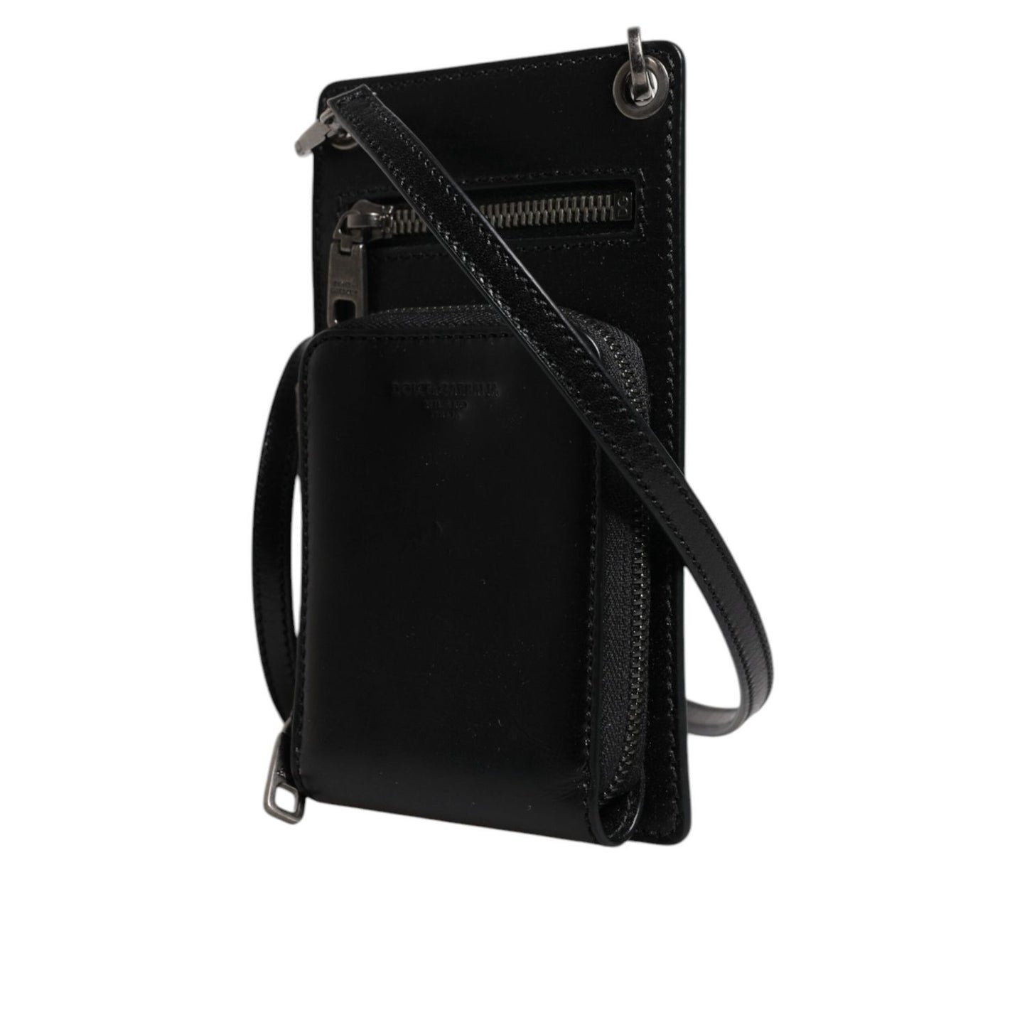 Dolce & Gabbana Black Horse Leather Zip Logo Shoulder Neck Strap Wallet Dolce & Gabbana