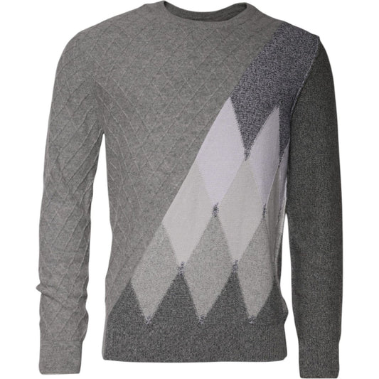 Ballantyne Gray Cashmere Argyle Intarsia Knit Crew Neck Sweater TSH87736-52