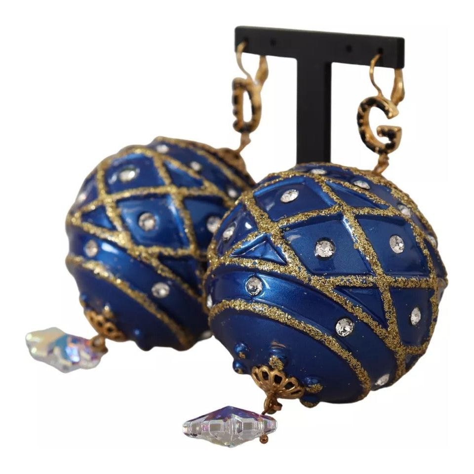 Dolce & Gabbana Gold Brass Blue Christmas Ball Crystal Hook Jewelry Earrings SMY100959