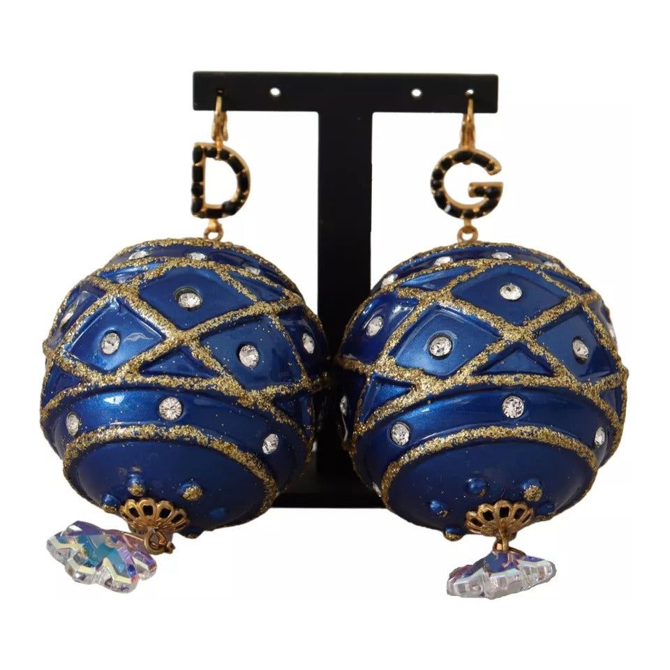 Dolce & Gabbana Gold Brass Blue Christmas Ball Crystal Hook Jewelry Earrings SMY100959