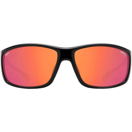 Carrera black injected sunglasses with red multilayer lenses, size 68/16/125 mm, featuring a sleek design ideal for men.