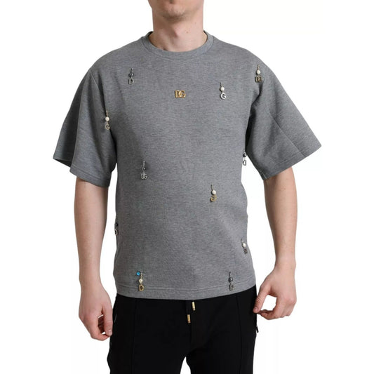 Dolce & Gabbana Gray Cotton Embellished Crew Neck T-shirt TSH84631-XS