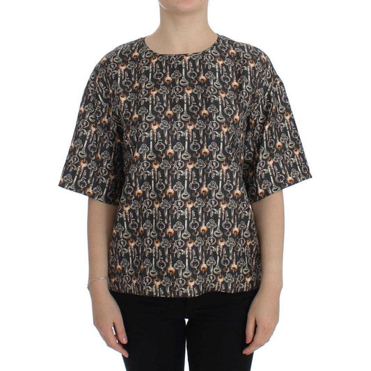 Dolce & Gabbana Gray Gold Key Print Silk Blouse T-shirt