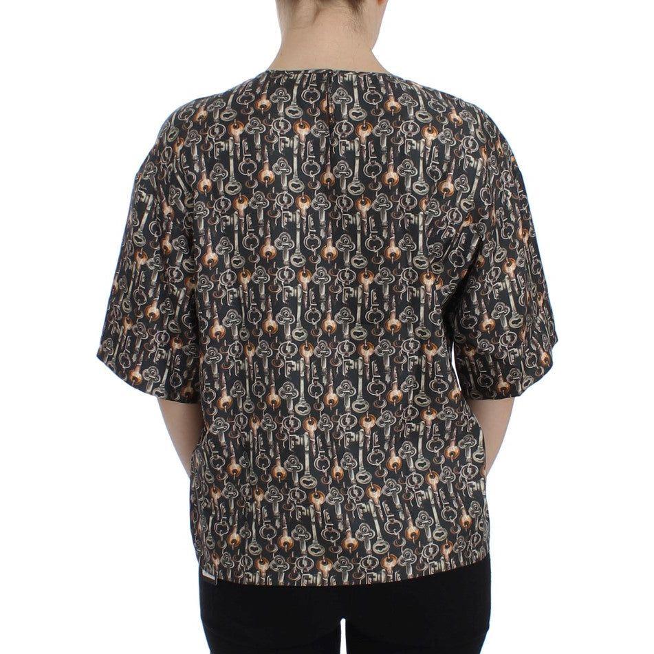 Dolce & Gabbana Gray Gold Key Print Silk Blouse T-shirt