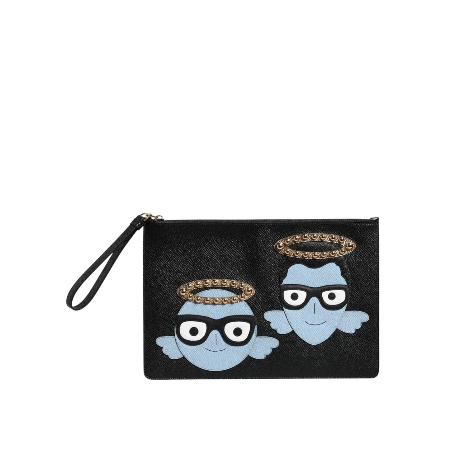 Dolce & Gabbana Black Leather #DGFAMILY Embellished Men Zip Pouch Bag Dolce & Gabbana