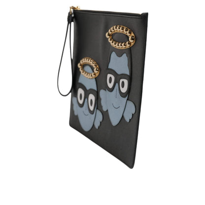 Dolce & Gabbana Black Leather #DGFAMILY Embellished Men Zip Pouch Bag Dolce & Gabbana