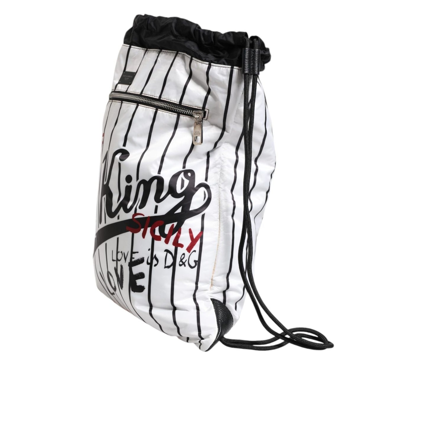 Dolce & Gabbana Black White Striped Polyester Drawstring Bag Dolce & Gabbana