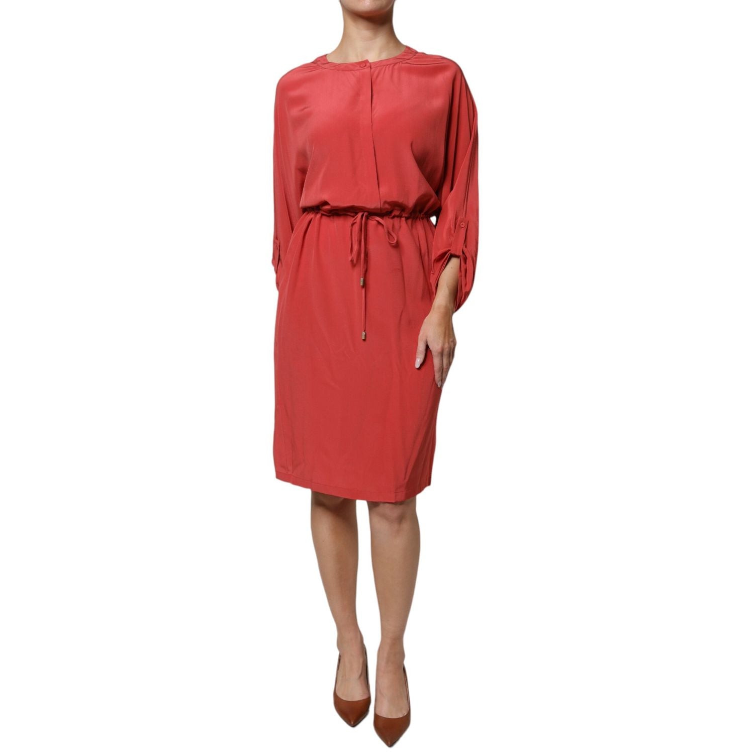 Peserico Red Long Sleeves Pencil Cut Drawstring Waist Dress