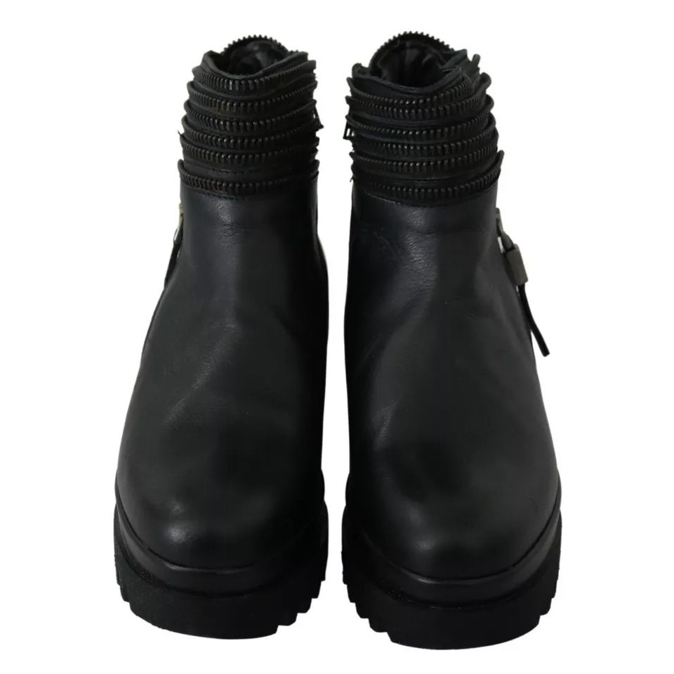 Ovyé Black Leather Zipper Ankle Boots Shoes