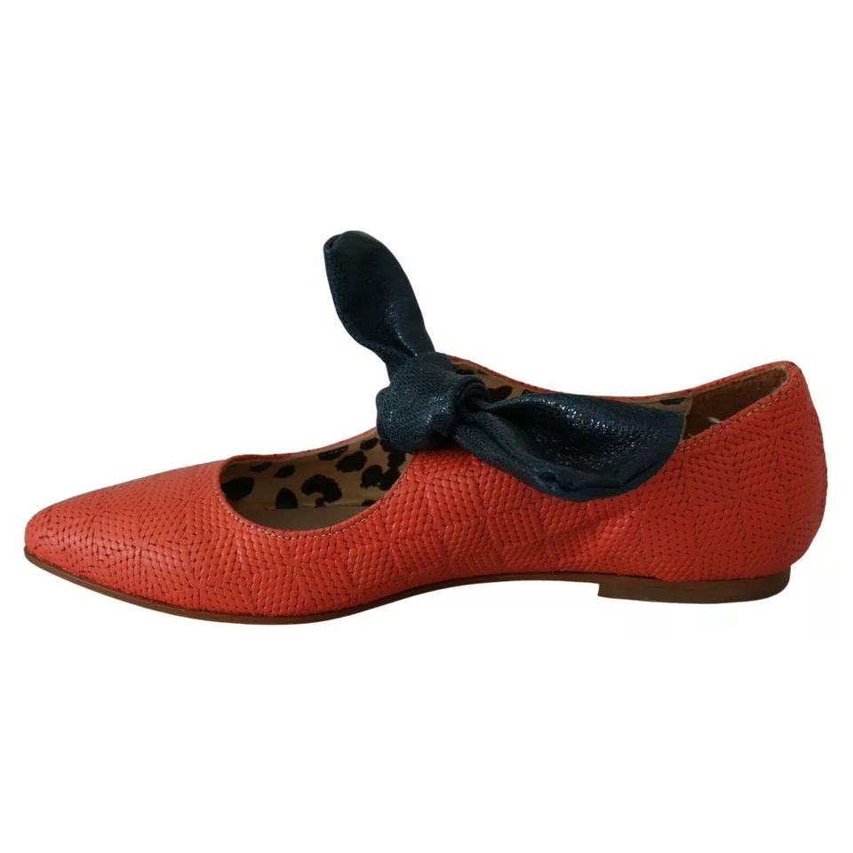 EBARRITO Orange Leather Bow Slip-on Loafers Ballet Flat Shoes EBARRITO