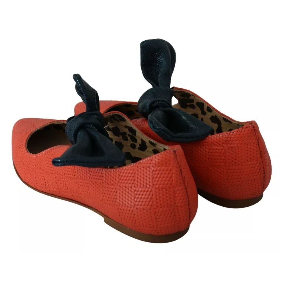 EBARRITO Orange Leather Bow Slip-on Loafers Ballet Flat Shoes EBARRITO
