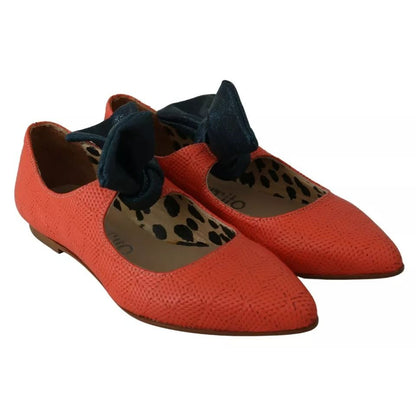 EBARRITO Orange Leather Bow Slip-on Loafers Ballet Flat Shoes EBARRITO