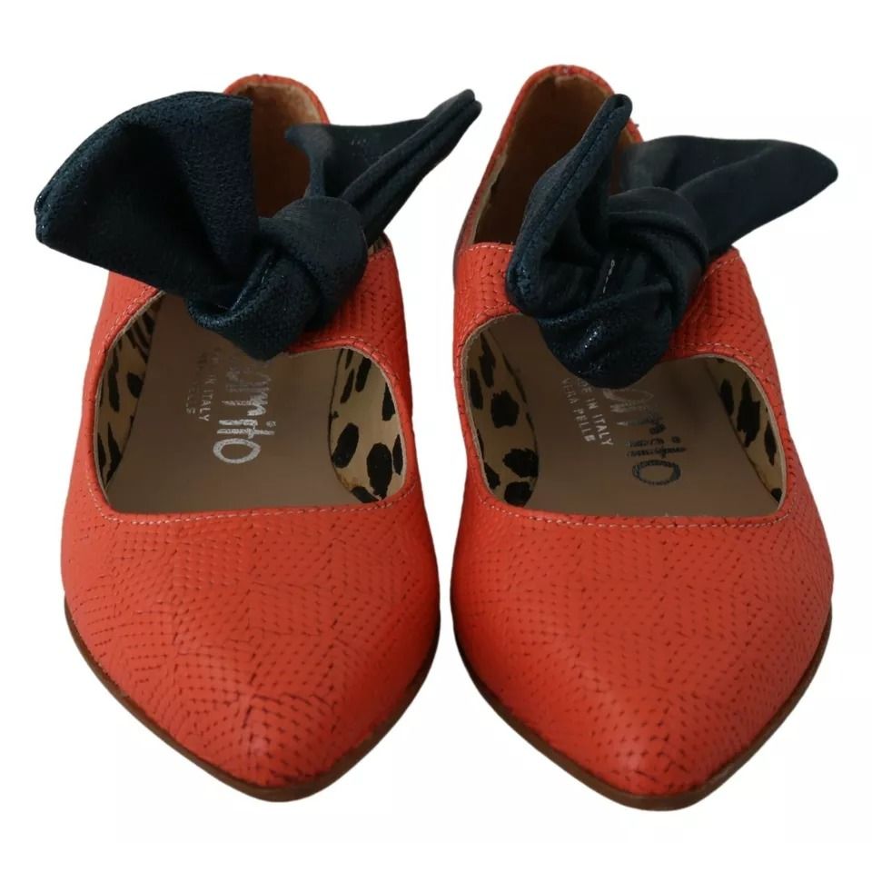 EBARRITO Orange Leather Bow Slip-on Loafers Ballet Flat Shoes EBARRITO