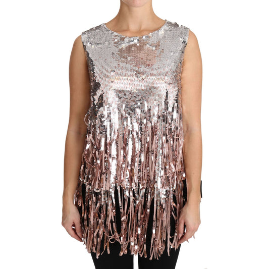 Dolce & Gabbana Golden Pink Sequined Fringe Tank Top Dolce & Gabbana