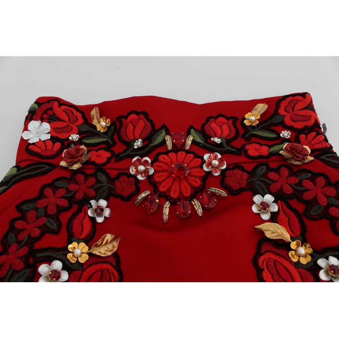 Dolce & Gabbana Red Silk Crystal Roses Shorts