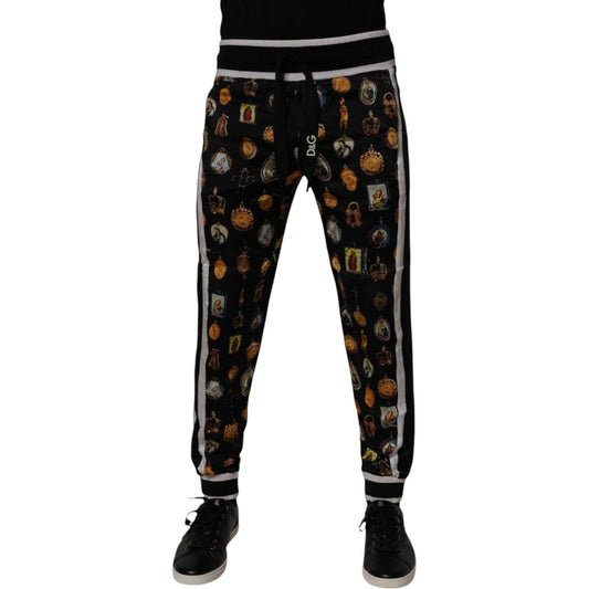 Dolce & Gabbana Black Religious Print Silk Men Jogger Pants PAN75268-46