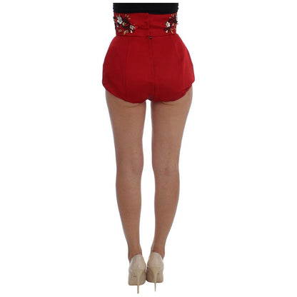Dolce & Gabbana Red Silk Crystal Roses Shorts
