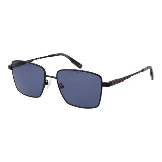 Hackett black men's sunglasses with blue plastic lenses, metal rectangle frame, full-rim style, 100% UVA & UVB protection.