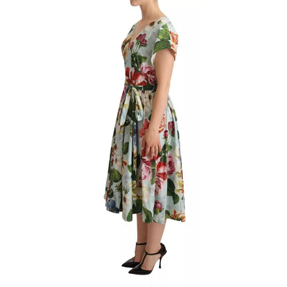 Dolce & Gabbana Green Floral Short Sleeves Cotton V-neck Dress Dolce & Gabbana