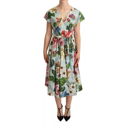Dolce & Gabbana Green Floral Short Sleeves Cotton V-neck Dress Dolce & Gabbana