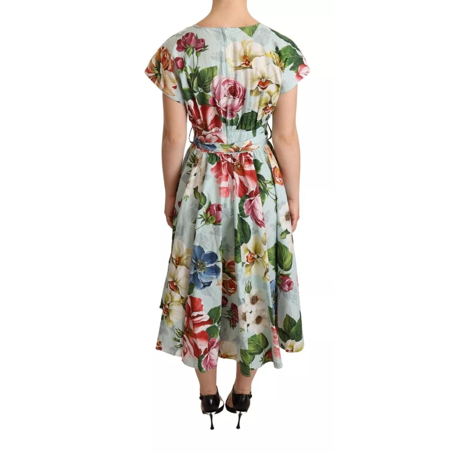 Dolce & Gabbana Green Floral Short Sleeves Cotton V-neck Dress Dolce & Gabbana