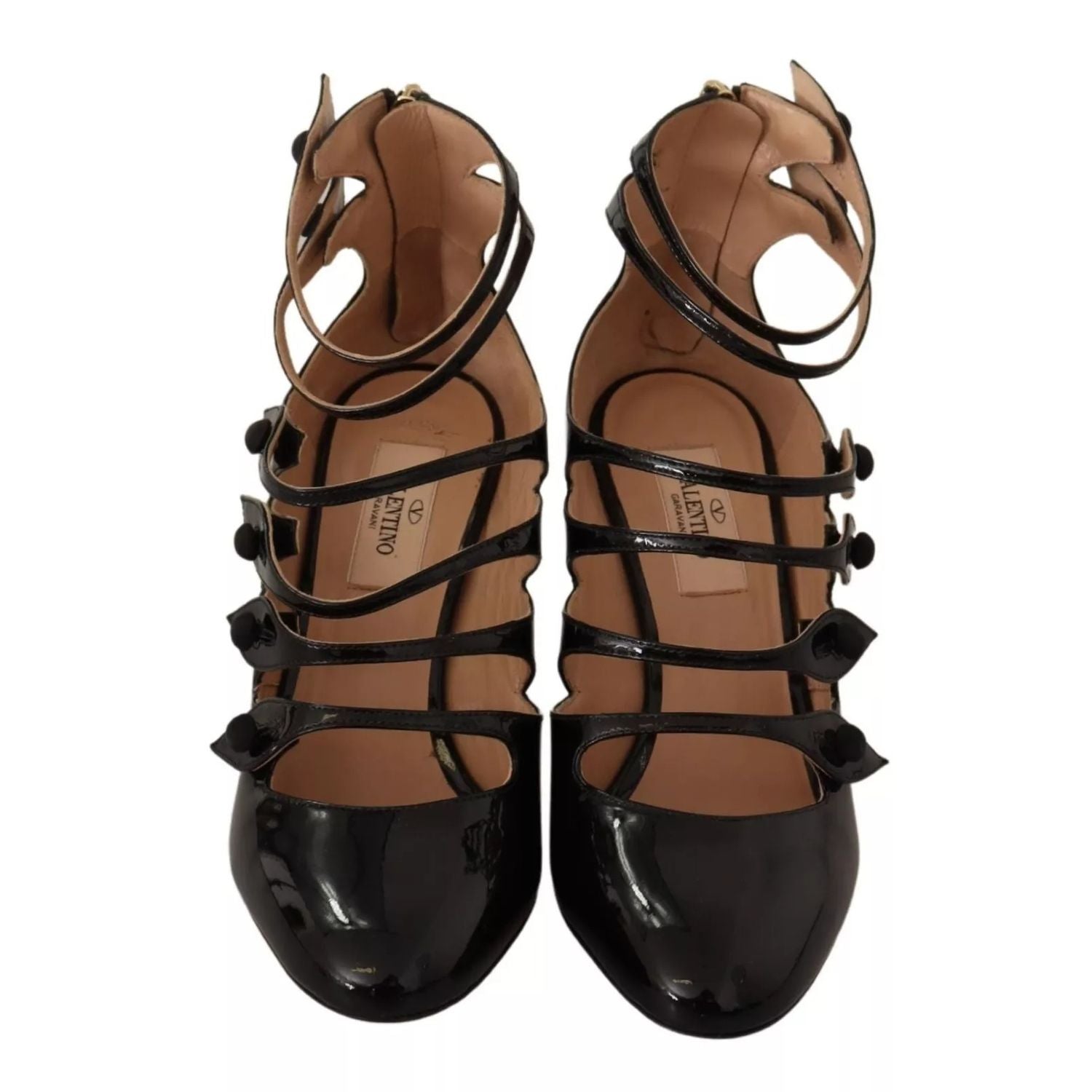 Valentino Black Multi Strap Leather Mid Heels Pumps Shoes