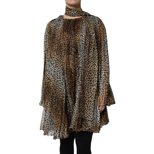 Dolce & Gabbana Brown Leopard Print Scarf Collared Chiffon Dress Dolce & Gabbana