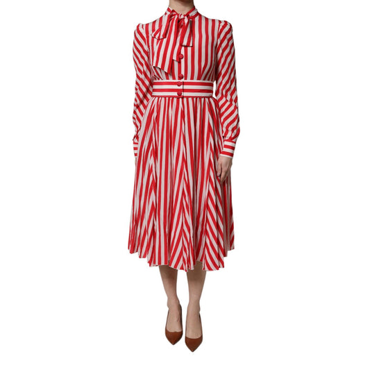Dolce & Gabbana White Red Stripes Long Sleeves Midi Dress Dolce & Gabbana