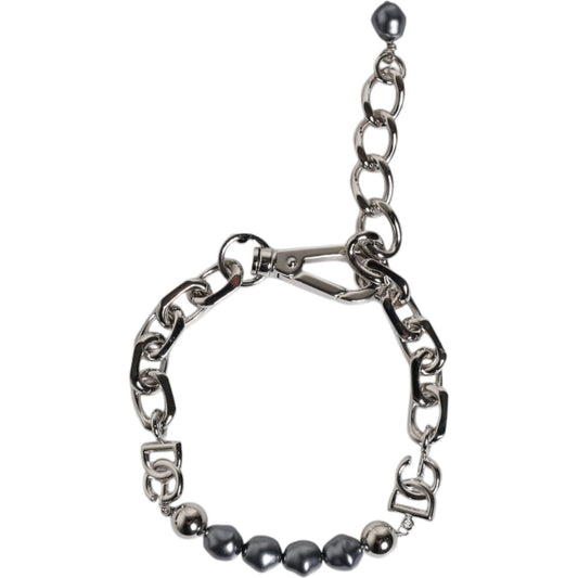 Dolce & Gabbana Silver Tone Chain Lobster Clasp Logo Gray Pearls Bracelet SMY10436