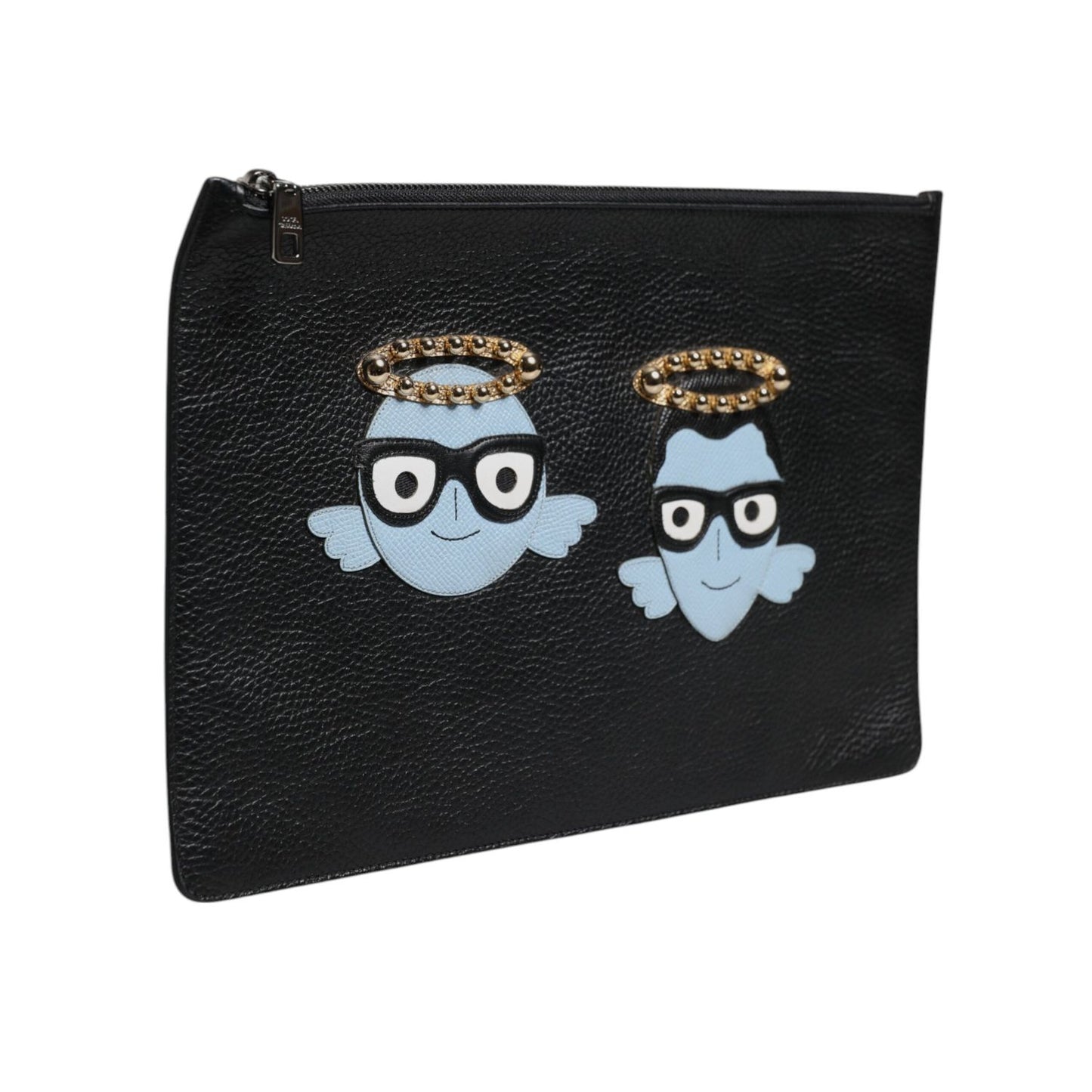 Dolce & Gabbana Black Leather #DGFAMILY Embellished Men Zip Pouch Bag Dolce & Gabbana