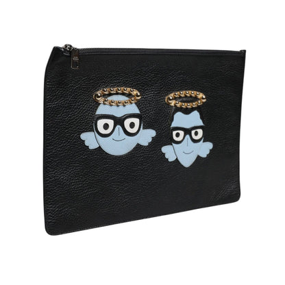 Dolce & Gabbana Black Leather #DGFAMILY Embellished Men Zip Pouch Bag Dolce & Gabbana