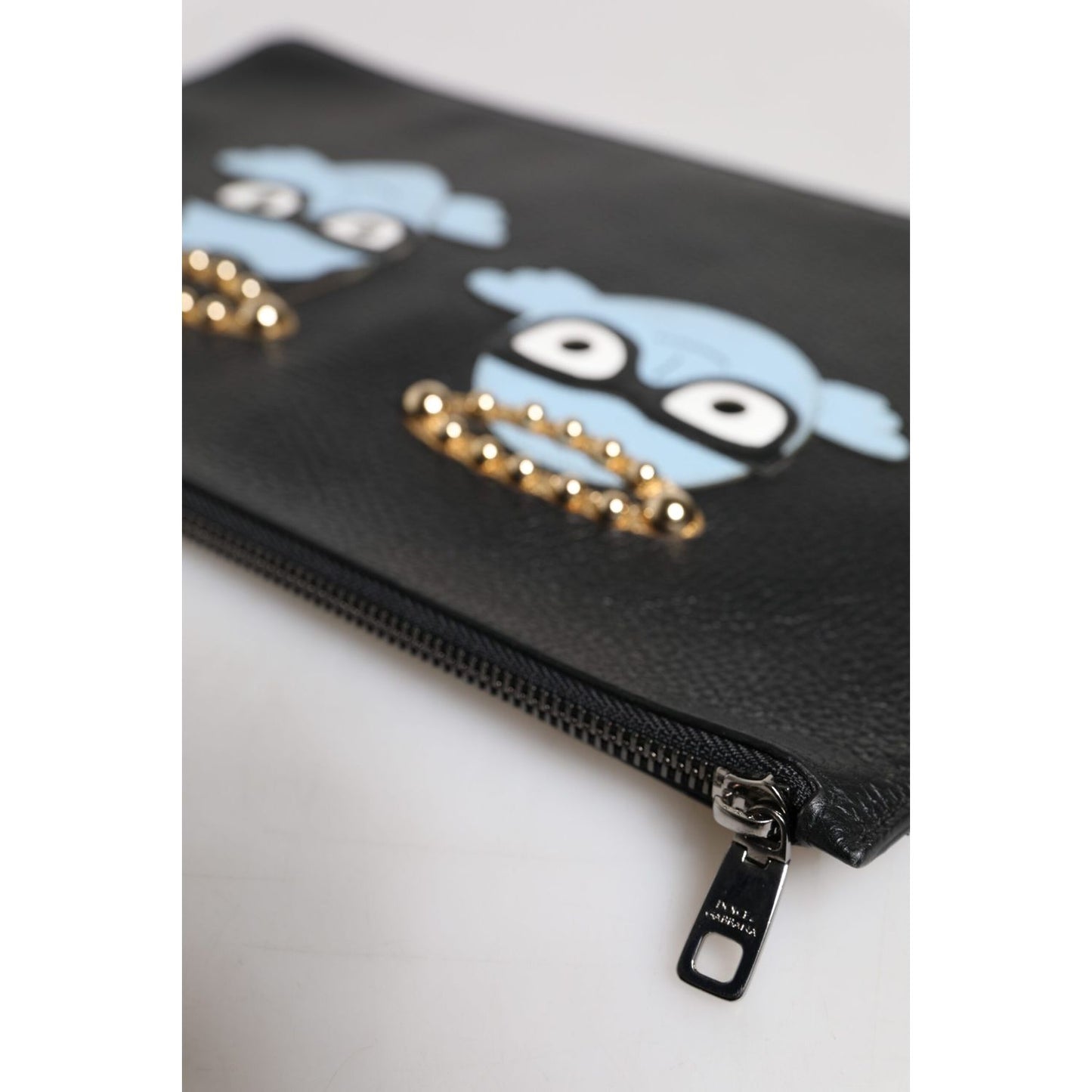 Dolce & Gabbana Black Leather #DGFAMILY Embellished Men Zip Pouch Bag Dolce & Gabbana