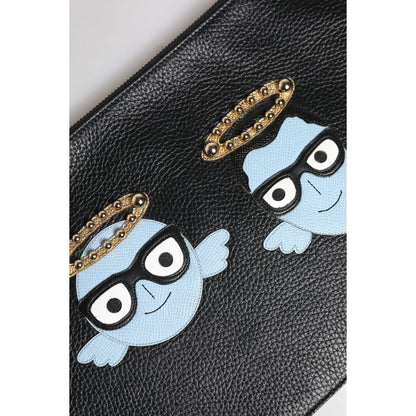 Dolce & Gabbana Black Leather #DGFAMILY Embellished Men Zip Pouch Bag Dolce & Gabbana