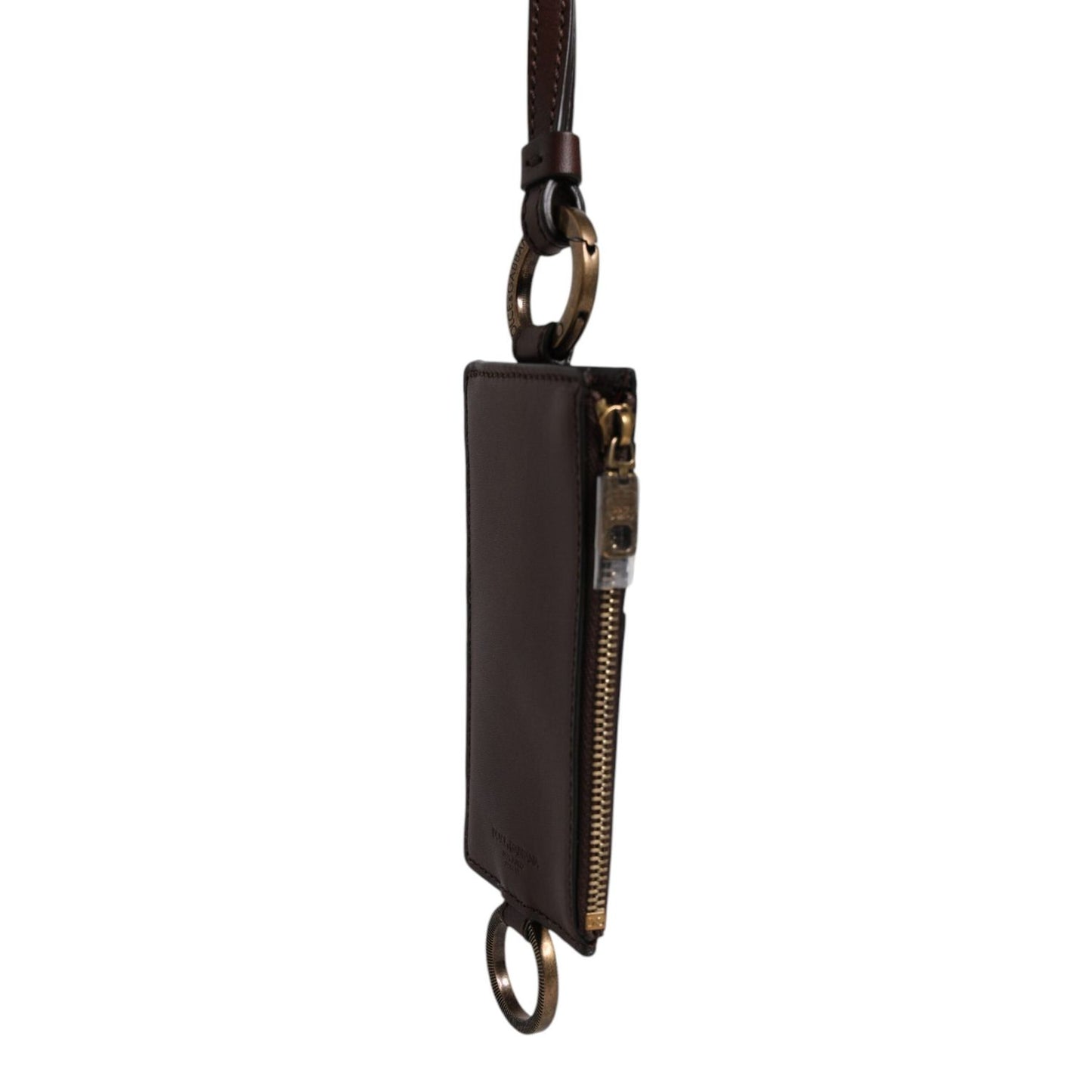 Dolce & Gabbana Brown Calf Leather Lanyard Logo Card Holder Wallet Dolce & Gabbana