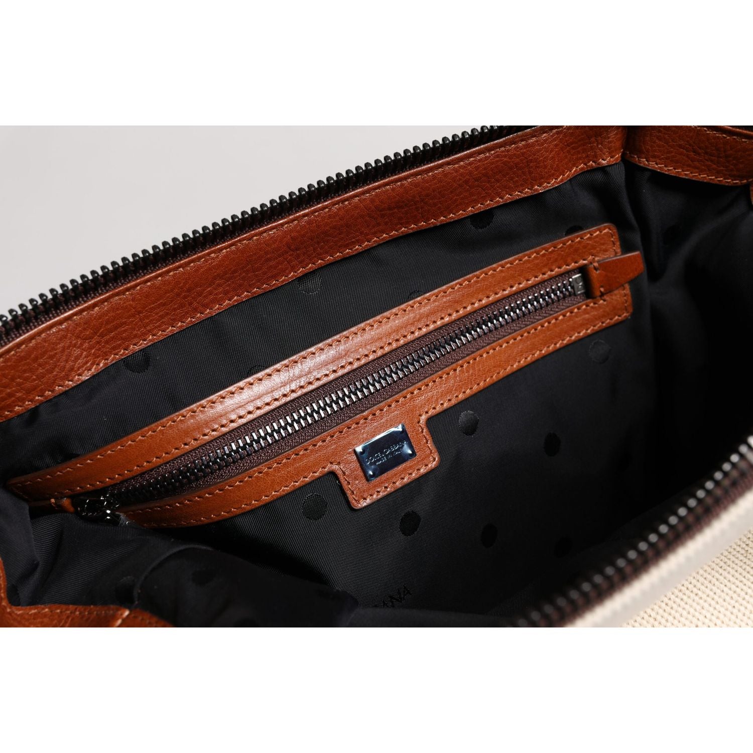 Dolce & Gabbana Beige Brown Cotton Leather Duffle Shoulder Bag