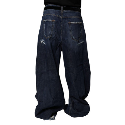 Dolce & Gabbana Dark Blue Tattered Wide Leg Men Denim Jeans