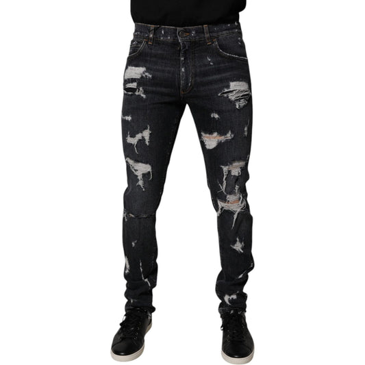 Dolce & Gabbana Black Tattered Cotton Skinny Men Denim Jeans