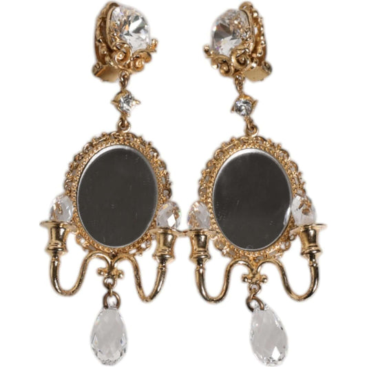 Dolce & Gabbana gold baroque clip-on earrings with clear crystals and mirror elements, luxurious Italian design, 9cm length.