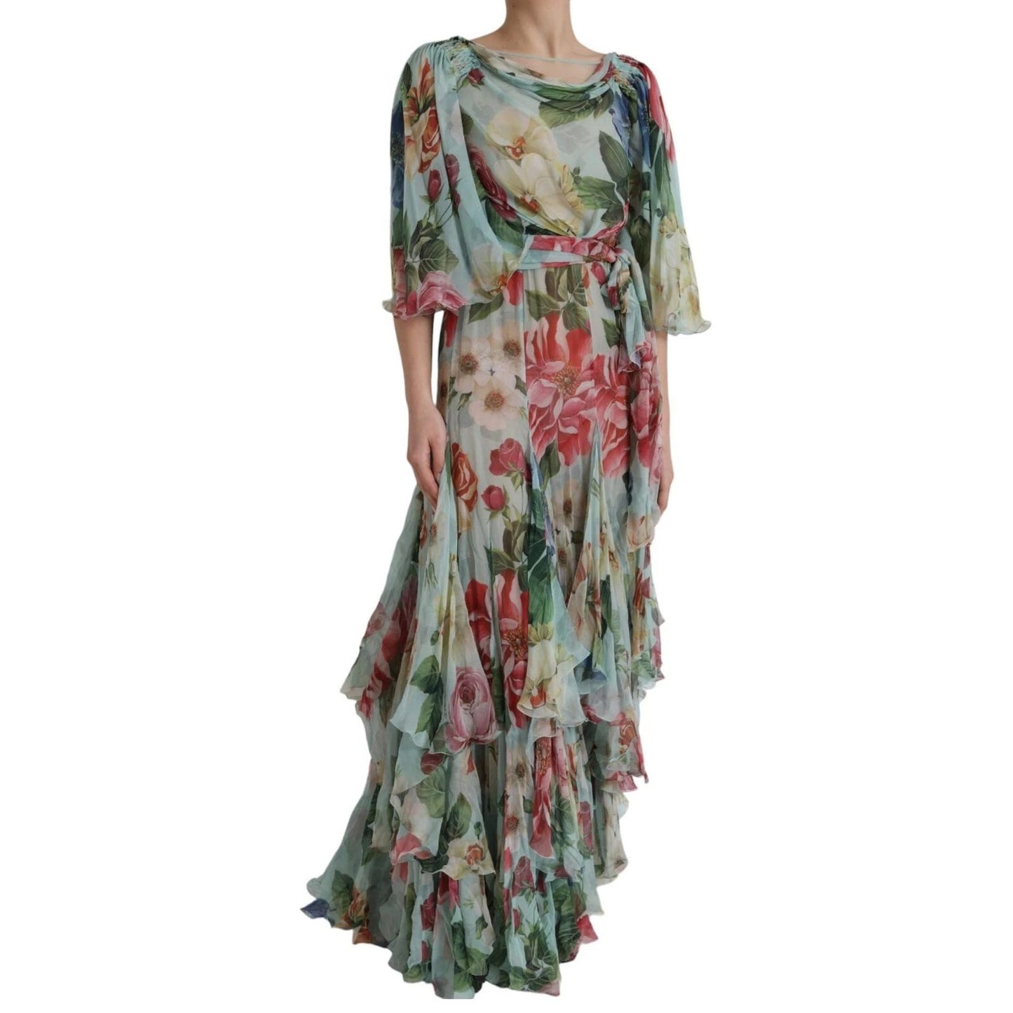 Dolce & Gabbana Blue Floral Print Tiered Long Maxi Dress Dolce & Gabbana