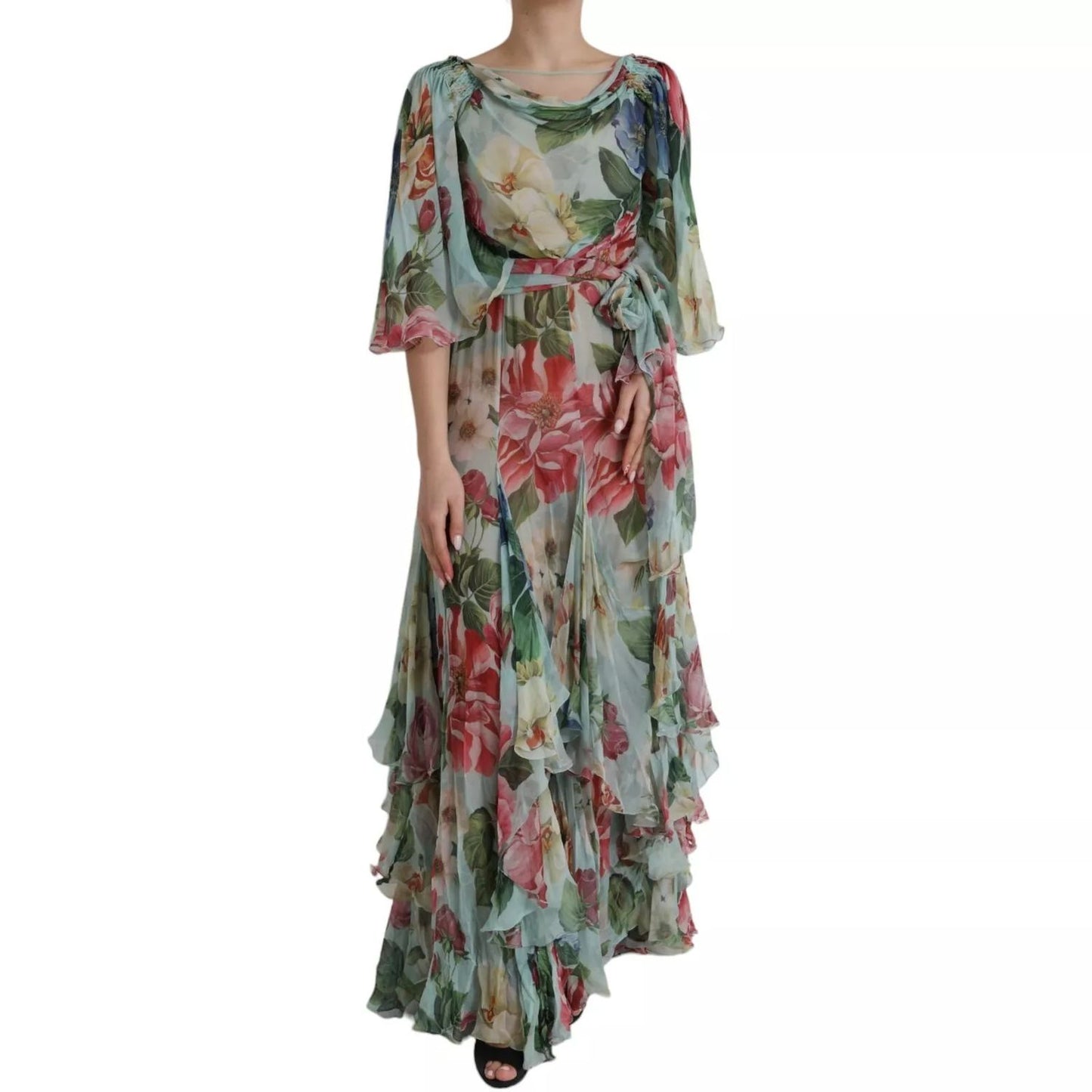 Dolce & Gabbana Blue Floral Print Tiered Long Maxi Dress Dolce & Gabbana