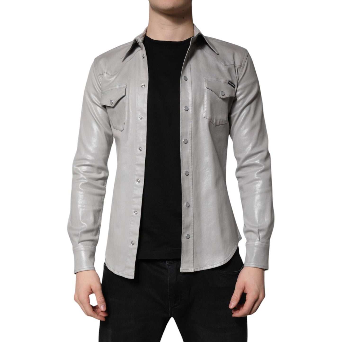 Dolce & Gabbana Metallic Gray Cotton Button Down Shirt TSH878484-37