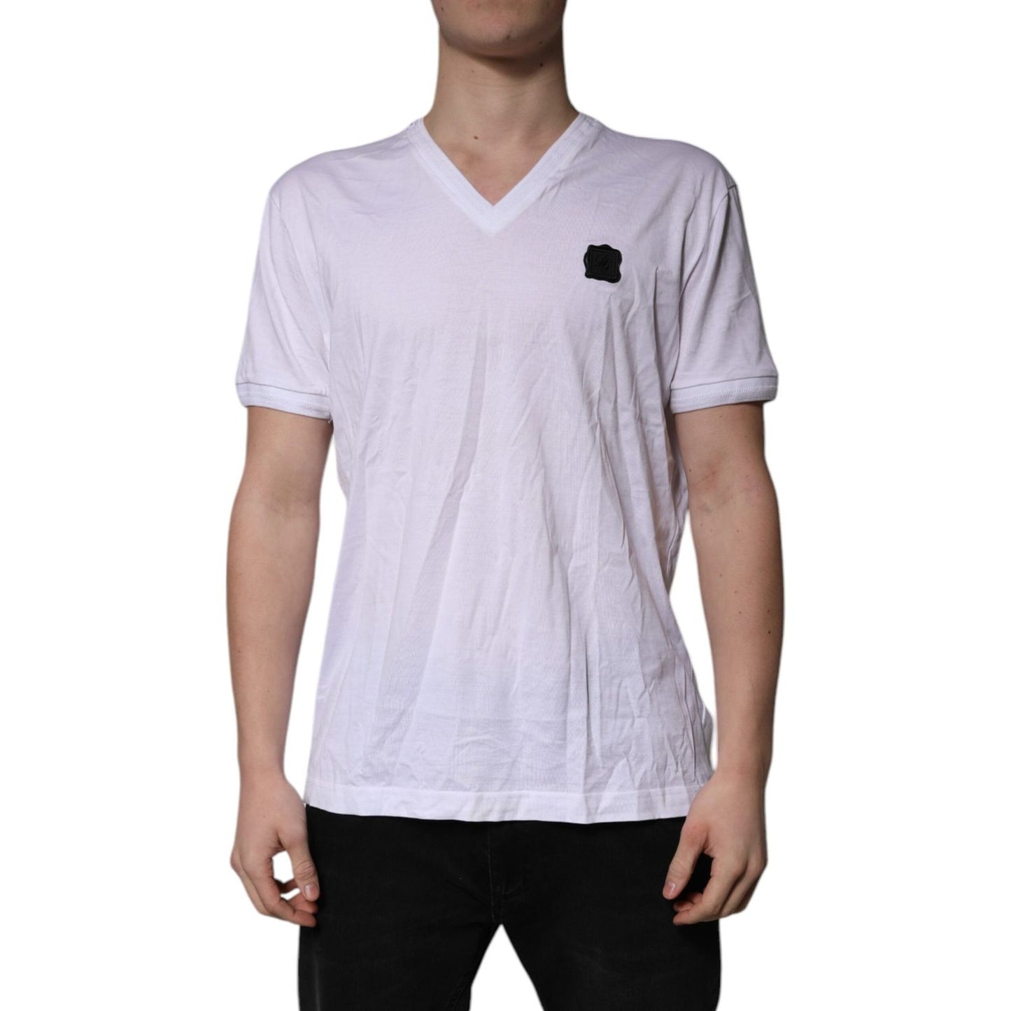 Dolce & Gabbana White Cotton Logo Patch V-neck Tee T-shirt TSH85127-52