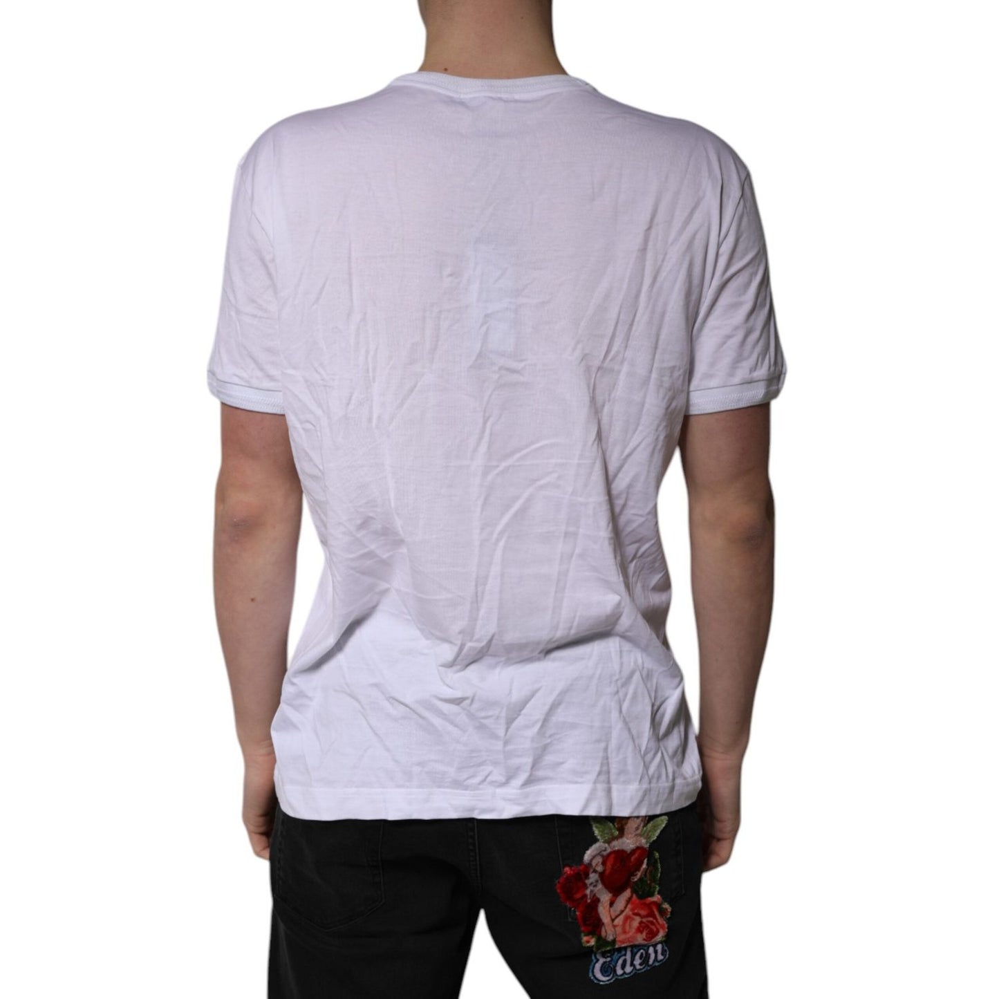 Dolce & Gabbana White Cotton Logo Patch V-neck Tee T-shirt TSH85127-52