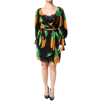 Dolce & Gabbana Black Silk Pineapple Draped Print Wrap Dress Dolce & Gabbana