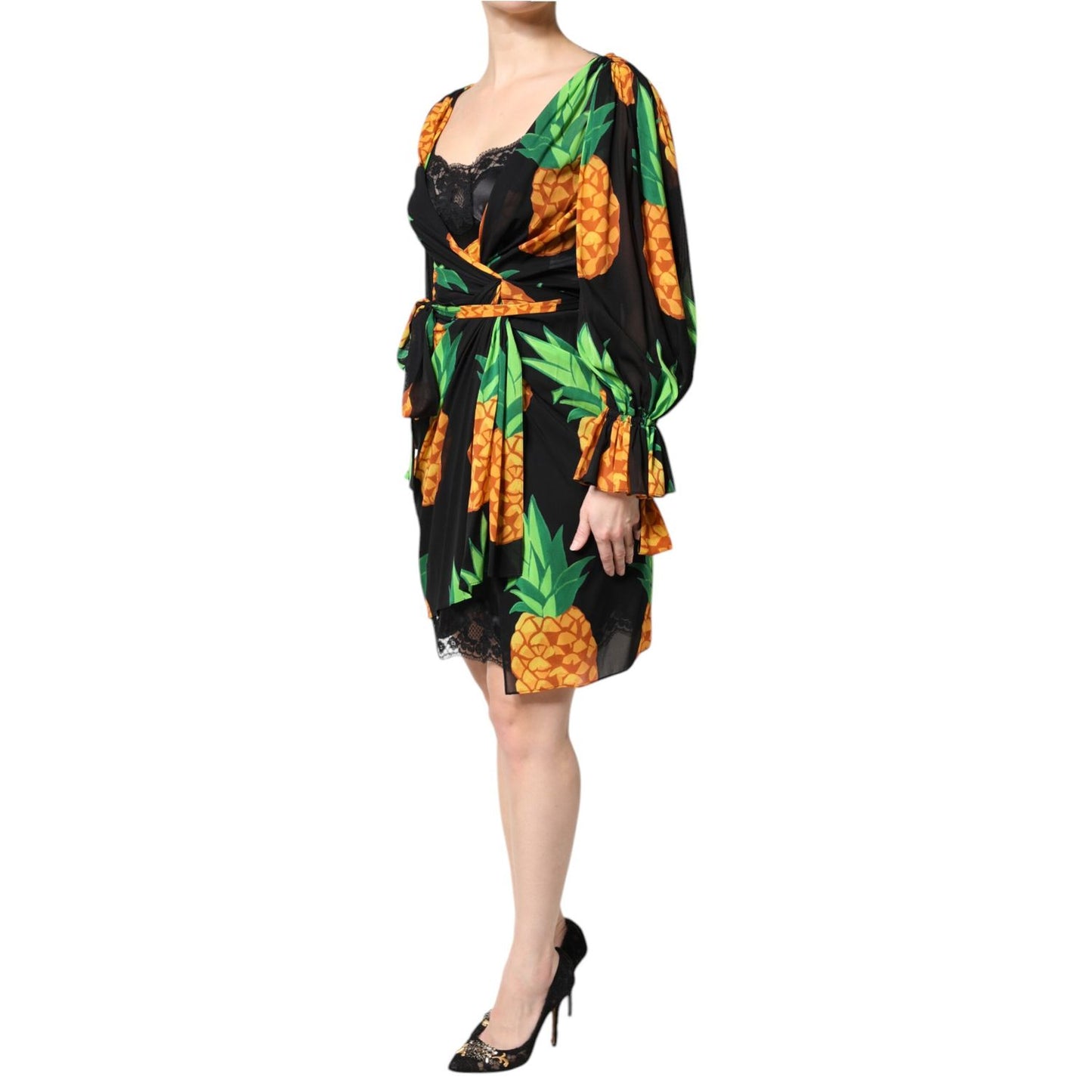 Dolce & Gabbana Black Silk Pineapple Draped Print Wrap Dress Dolce & Gabbana