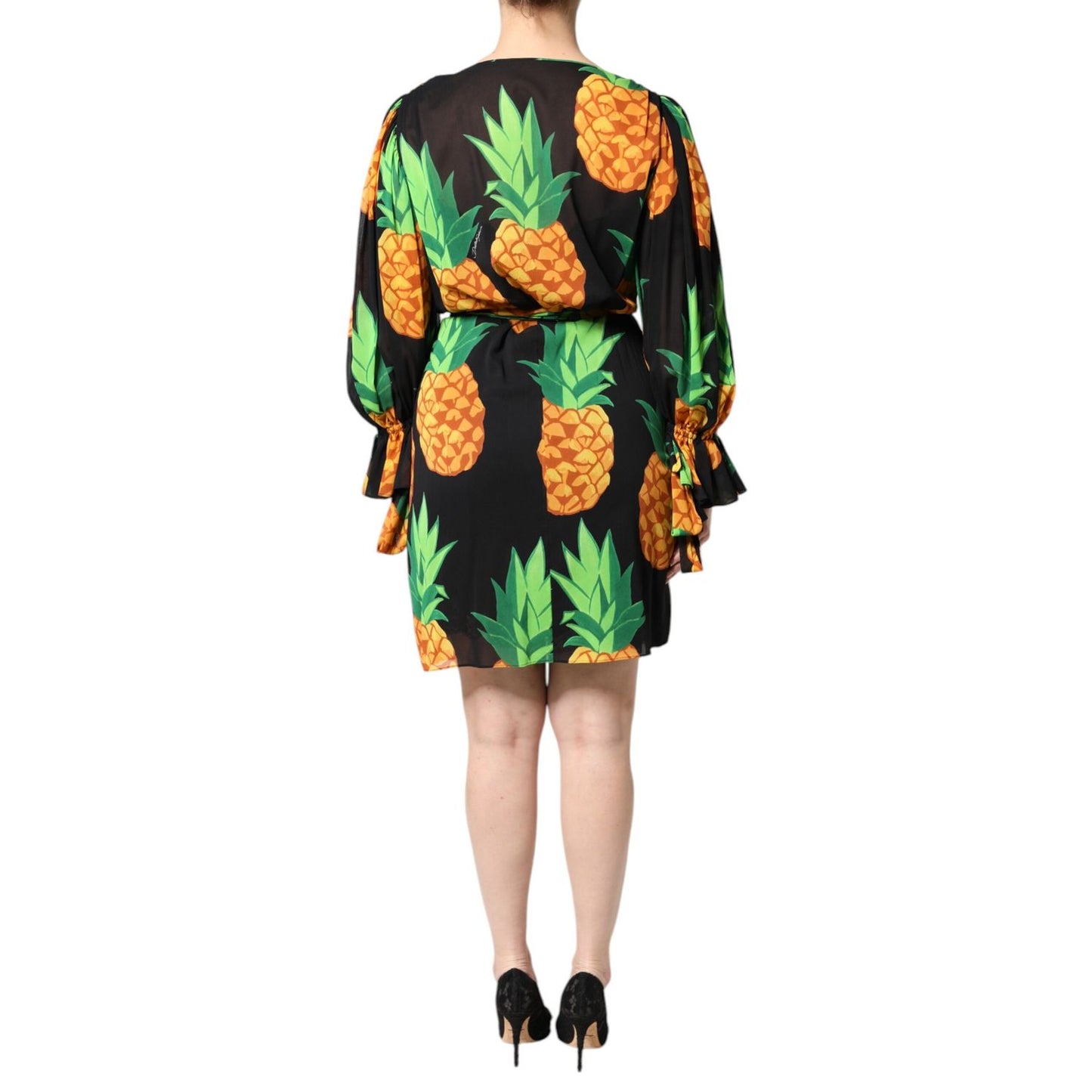 Dolce & Gabbana Black Silk Pineapple Draped Print Wrap Dress Dolce & Gabbana