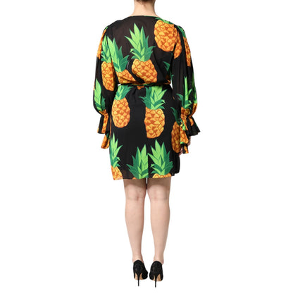 Dolce & Gabbana Black Silk Pineapple Draped Print Wrap Dress Dolce & Gabbana