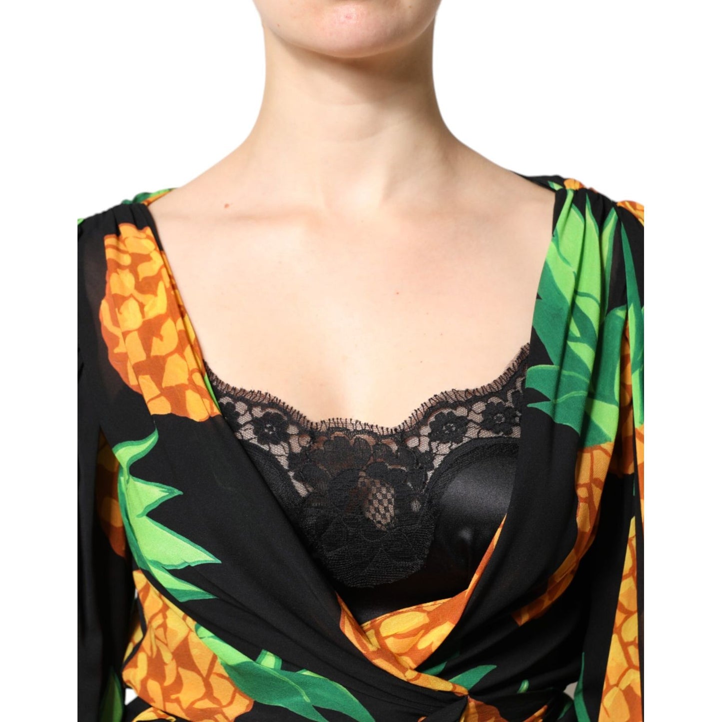 Dolce & Gabbana Black Silk Pineapple Draped Print Wrap Dress Dolce & Gabbana