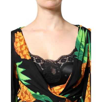 Dolce & Gabbana Black Silk Pineapple Draped Print Wrap Dress Dolce & Gabbana